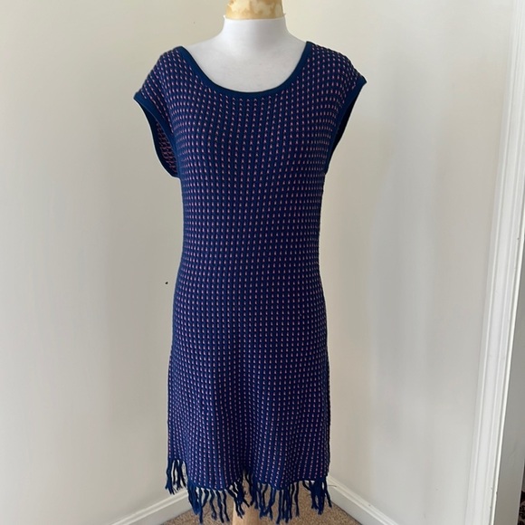 Trina Turk Size M navy with pink knit cotton cover up fringe dress - Picture 1 of 8